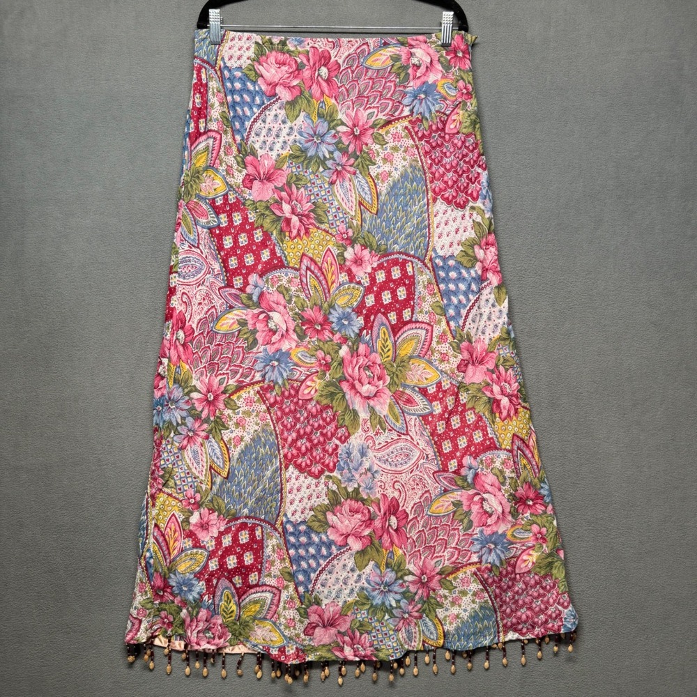 Vtg Boston Proper Floral Maxi Skirt Beaded Hem Boho Pink L Cottage 90s Y2K Fairy